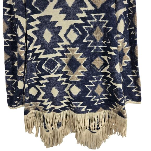 Lucky Brand Sweater Womens Small Navy Aztec Open Fringe Cardigan Boho Cozy Soft - Picture 8 of 11